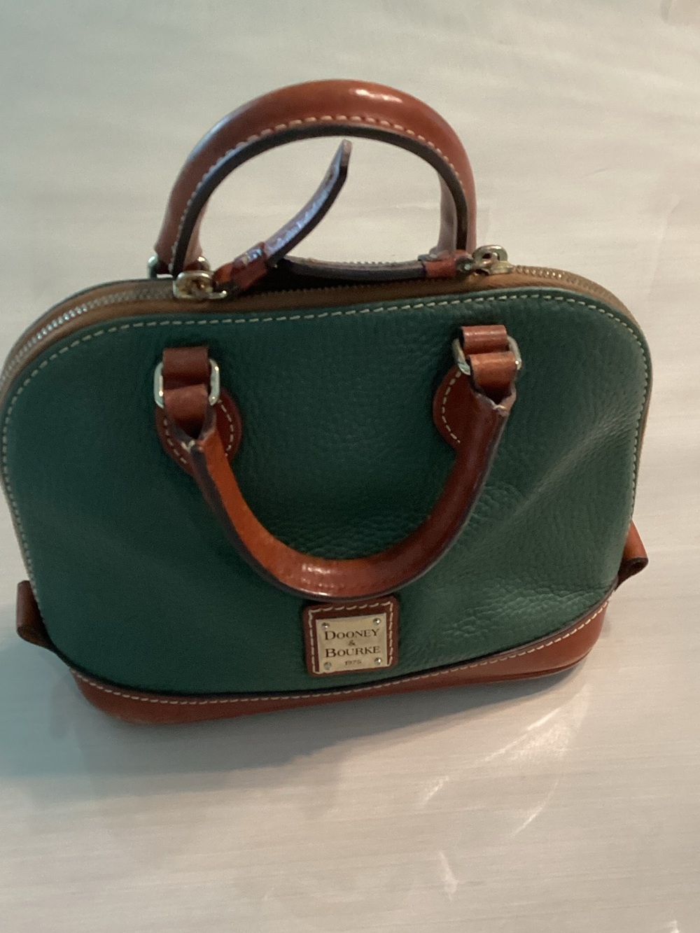 Dooney & Bourke Green Leather Satchel with Brown Trim and Handles